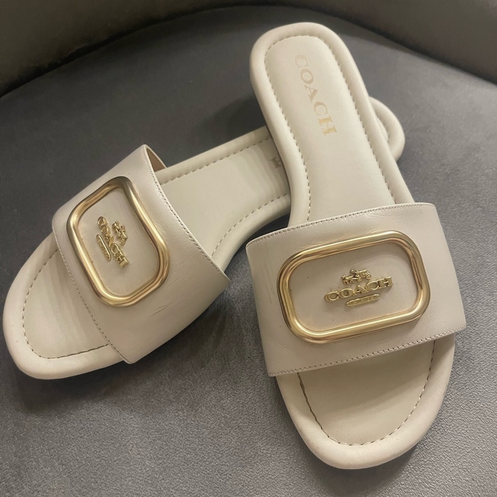 Coach Women's Cream and Gold Slide Sandals